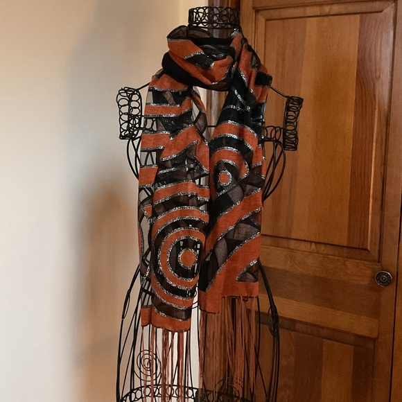 Vintage Orange and Black Spiral Metallic Accent Scarf 60”x18” - Picture 3 of 3